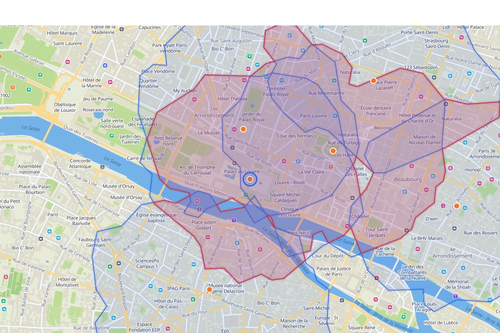 Mapa real de POINOVA: tiendas propias con sus áreas de influencia (isócronas) solapándose entre ellas (canibalización) en París