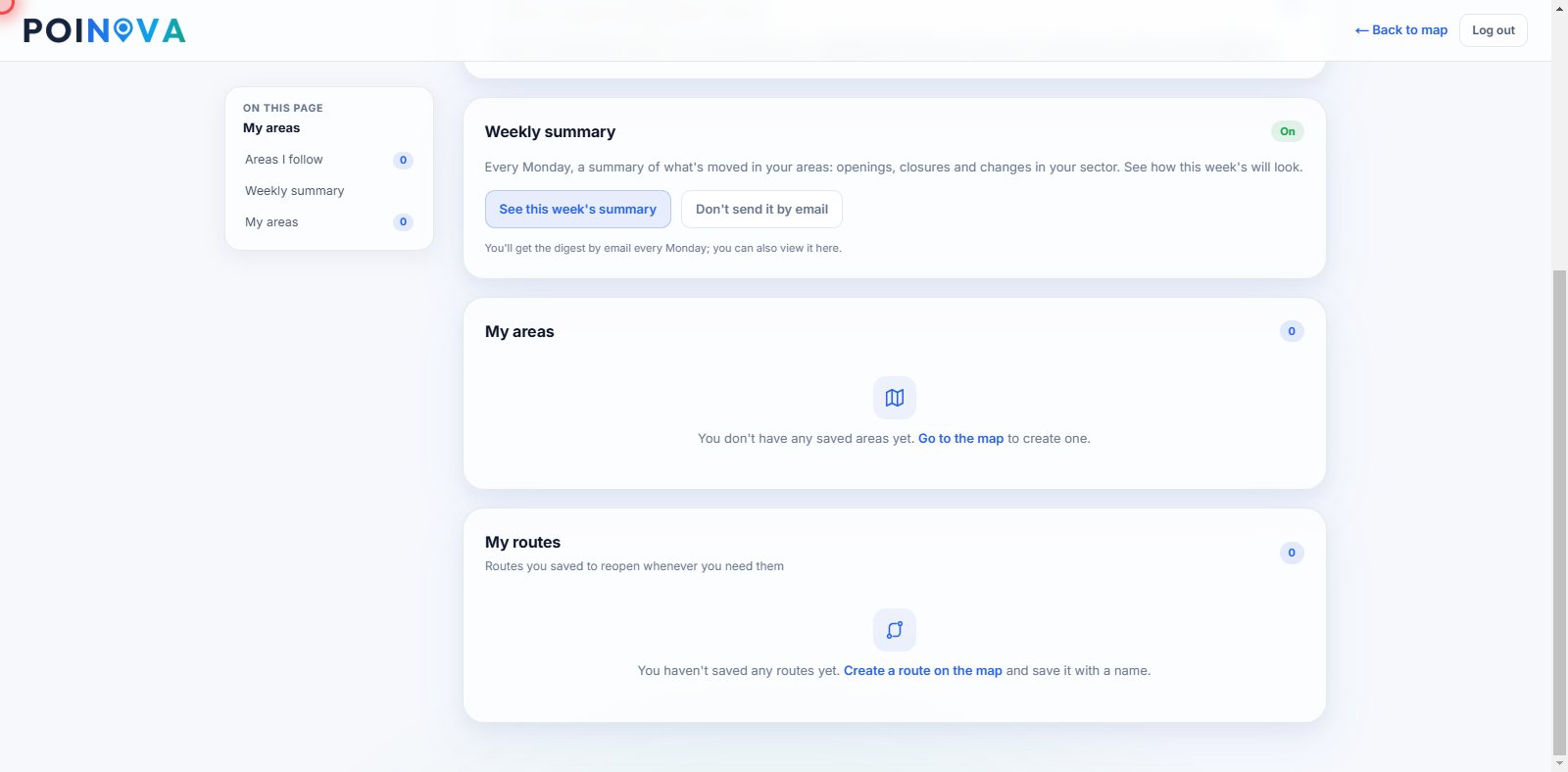 Your account with the Monday weekly summary, the areas you follow and your saved routes.