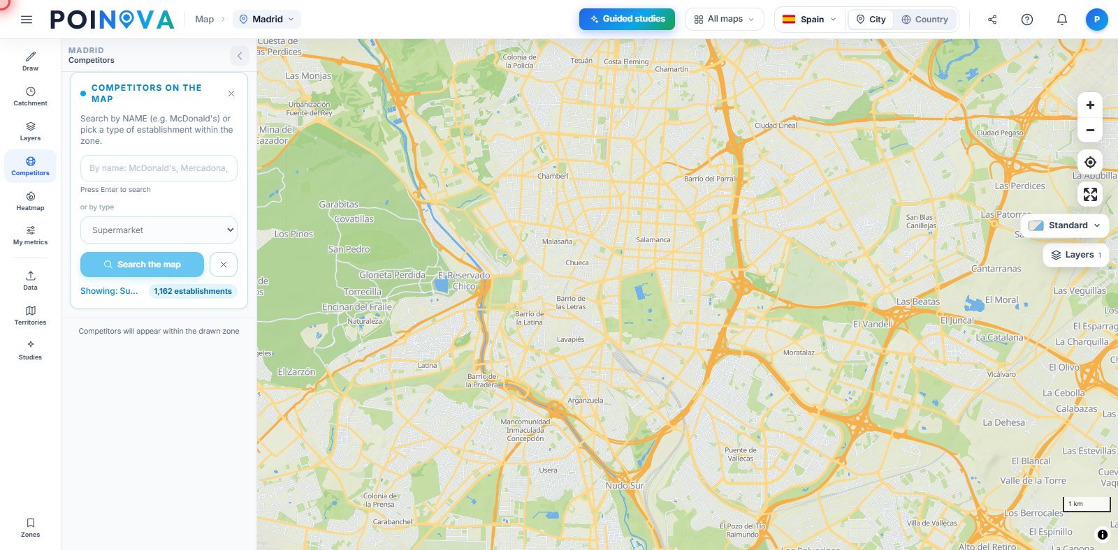 POINOVA: a drawn catchment with demographics and competitors on the map