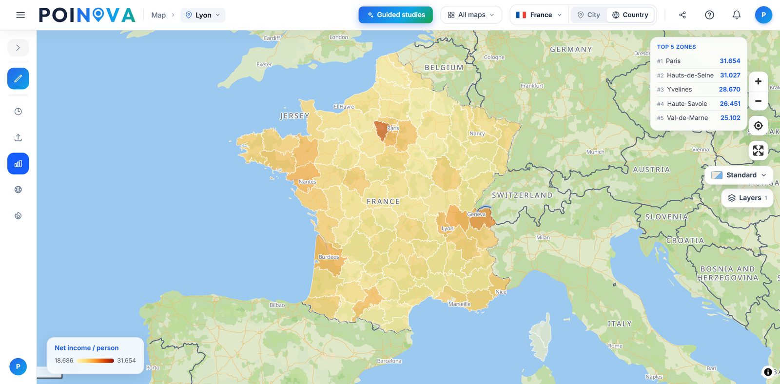 Country view coloured by income per person, with a ranking of the top five areas