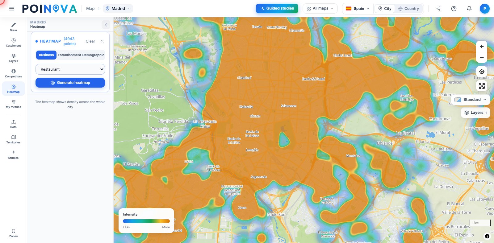 City heat map, with the panel to choose a business type, a brand or a demographic metric