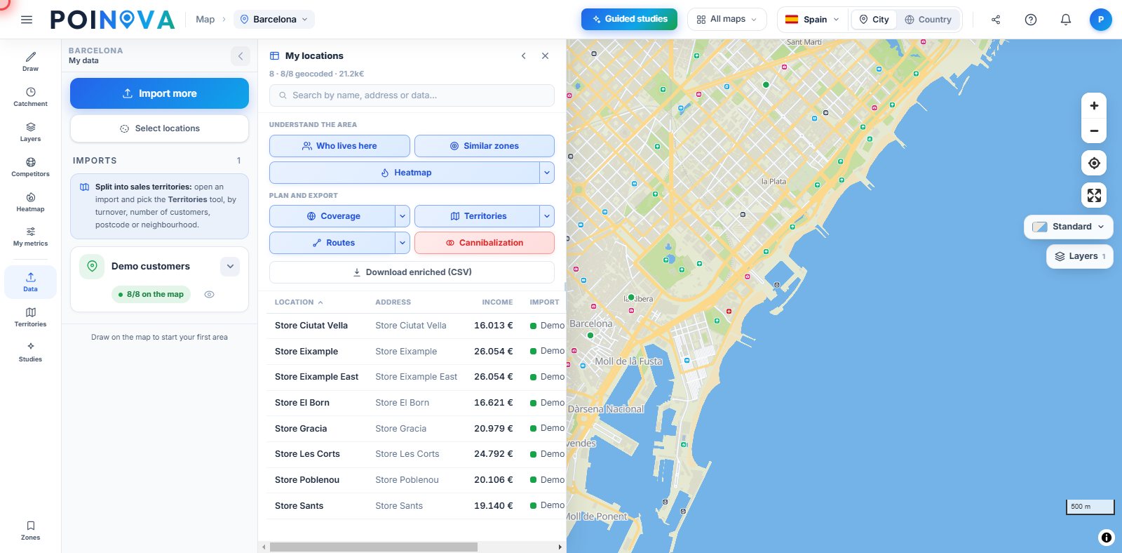 Your uploaded locations panel, with the customer table and the profile, similar areas, coverage, territories and routes tools.