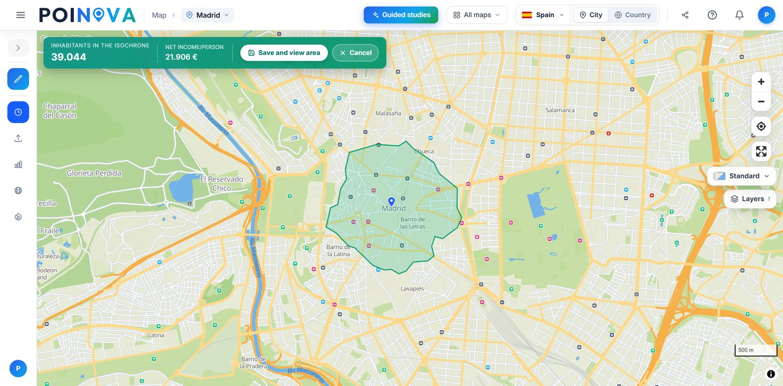 Travel-time area around a point, with the number of residents inside and their net income per person.
