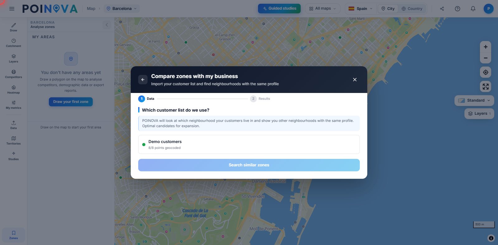 First step of the “Compare zones with my business” study: you choose the customer list and we look for neighbourhoods with the same profile.
