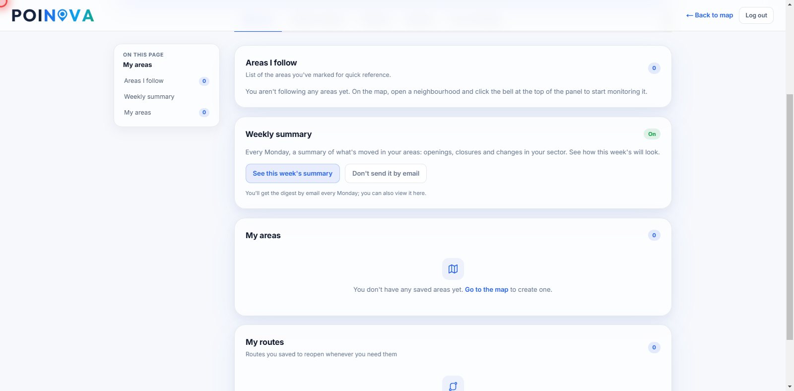 Areas you follow and the weekly summary switched on in your account