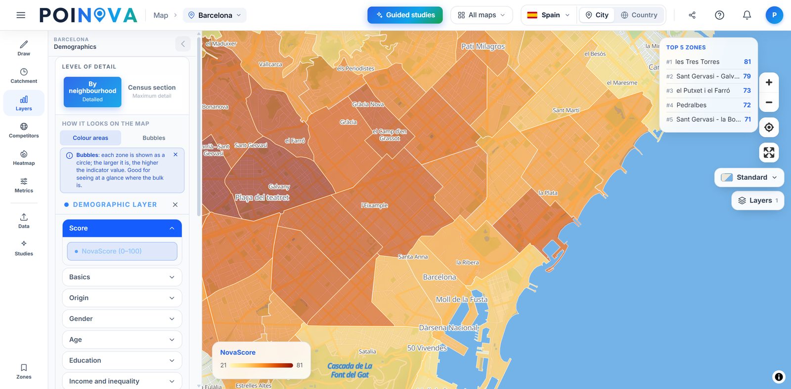 NovaScore layer by neighbourhood, with the five highest-scoring areas.