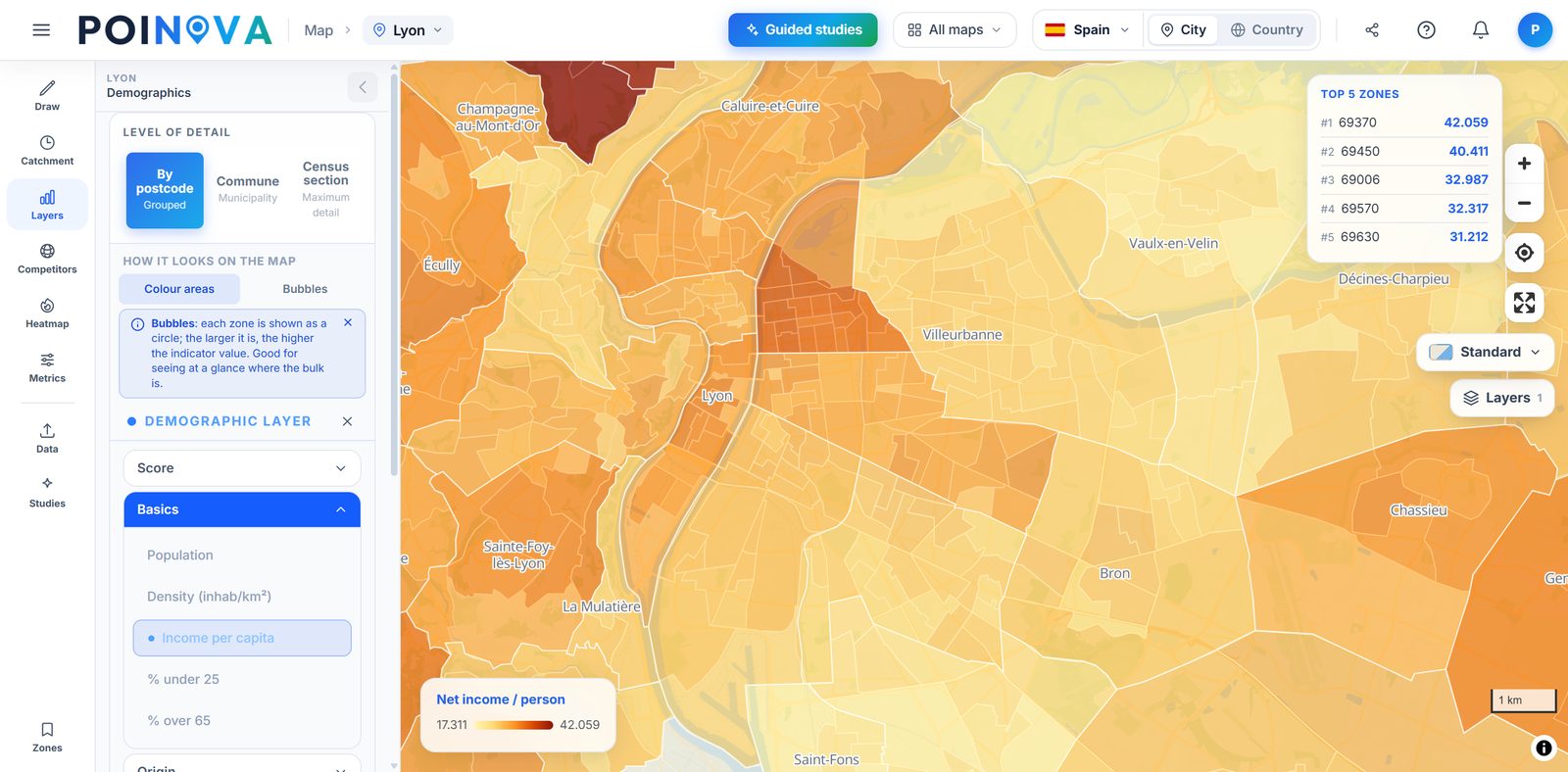 Income map by postcode, with the five highest areas