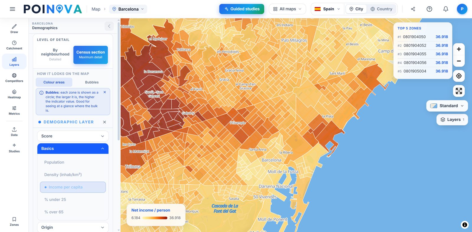 Income per person map at the finest level, with the five highest-income areas