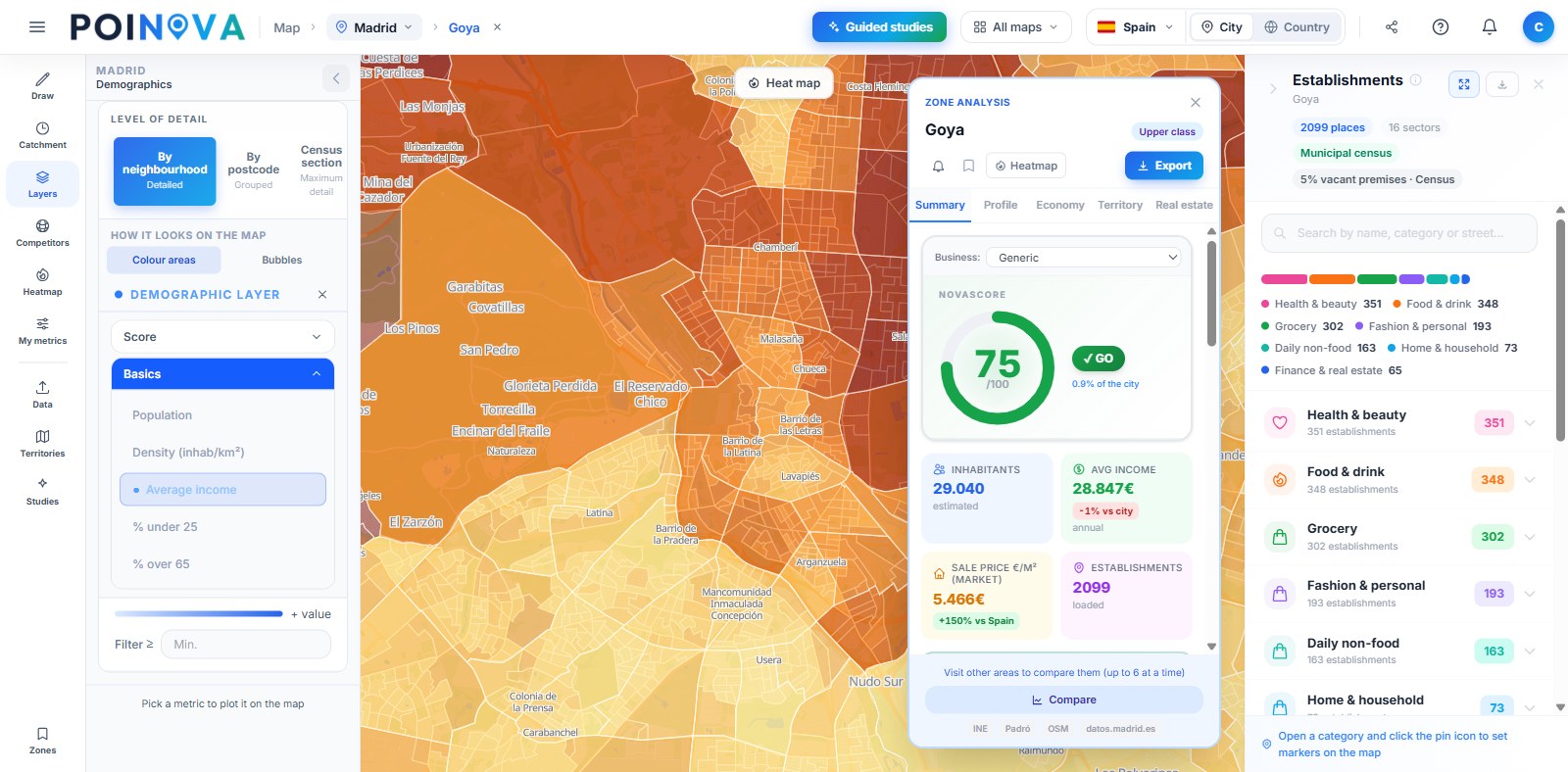 Average income by neighbourhood on the POINOVA map