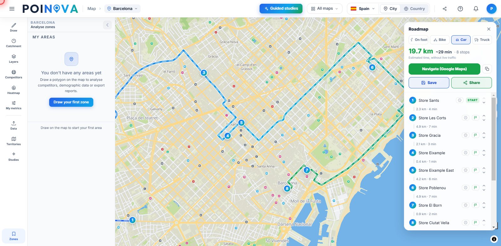 Route sheet with eight stops in order, the kilometres and minutes of each leg and the path drawn on the map.