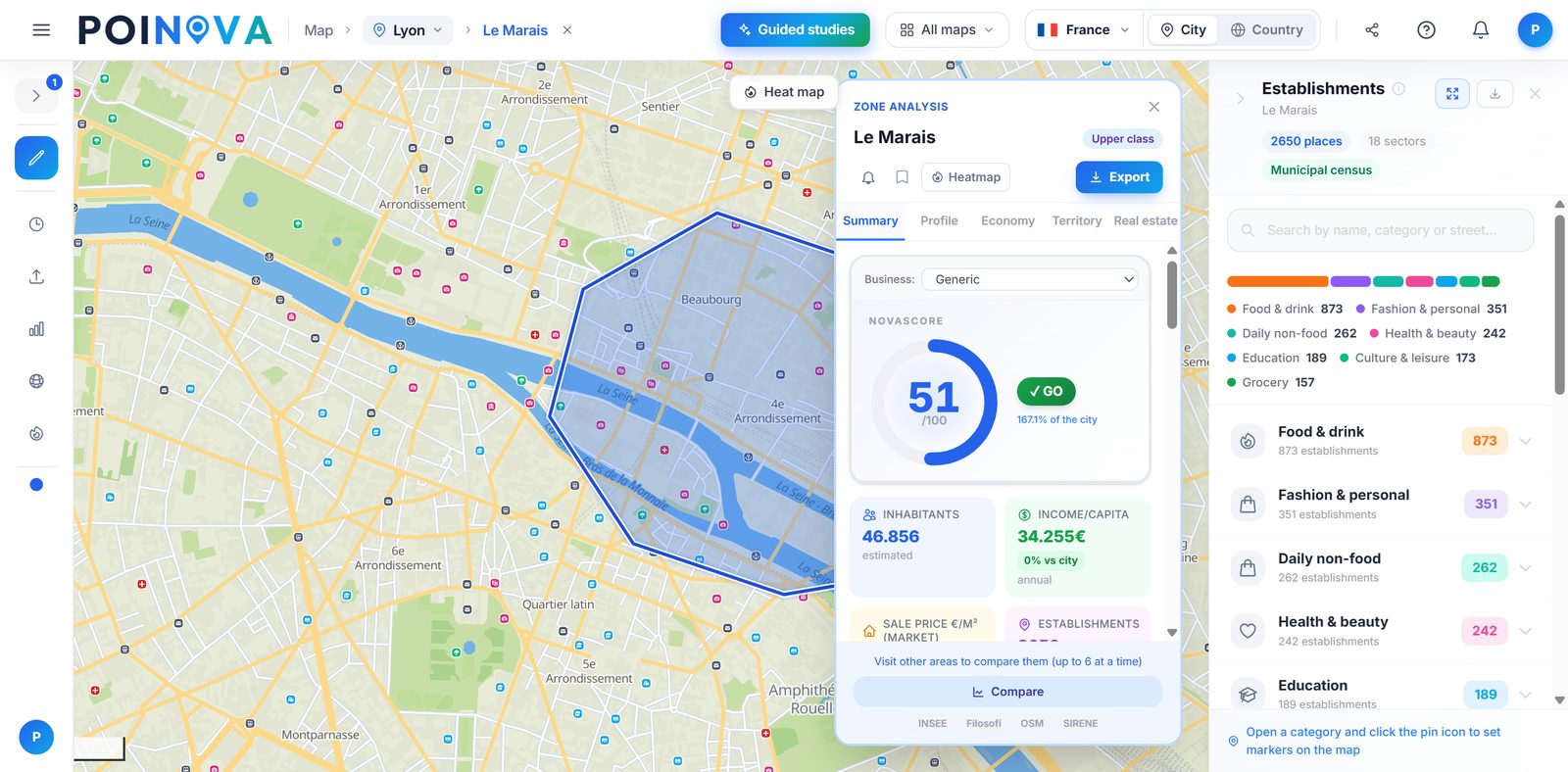 Area analysis with its residents, income, NovaScore and the businesses inside it