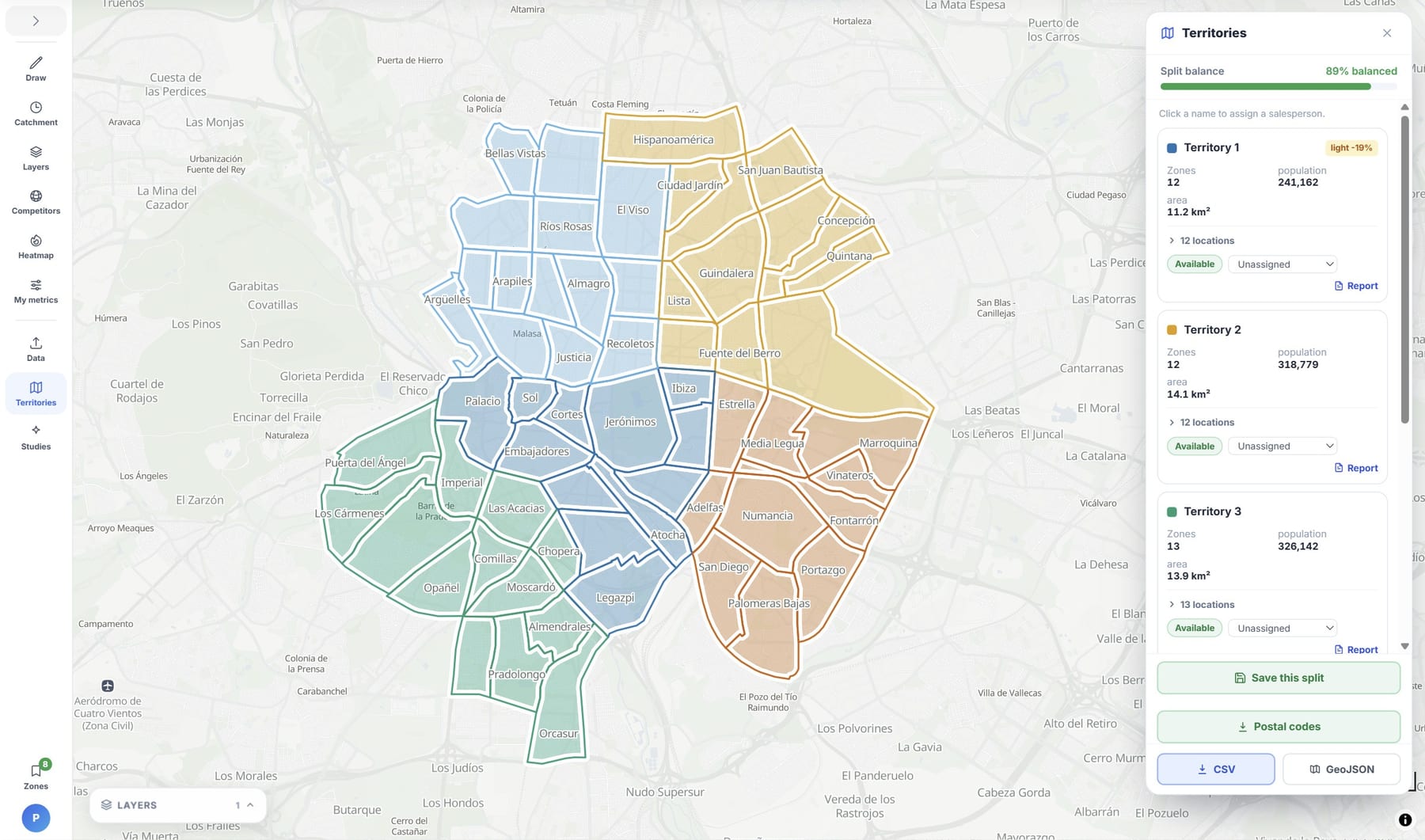 POINOVA splits an area into five balanced territories, with the population and size of each one