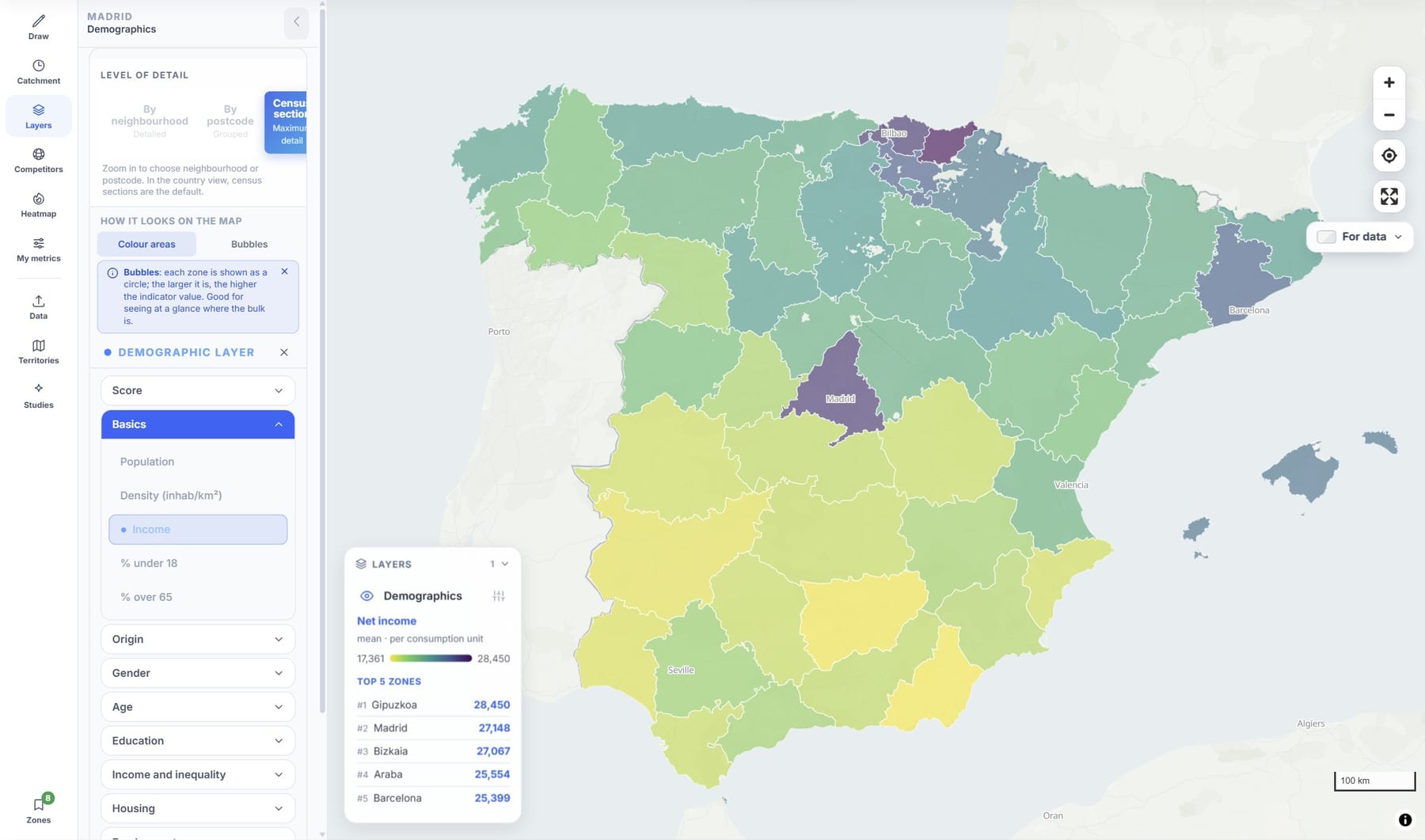 POINOVA map by province coloured by income, with the top five ranking