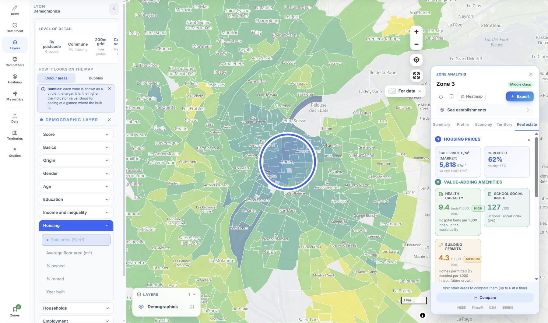 POINOVA map with the sale price per m² and the real estate sheet of an area