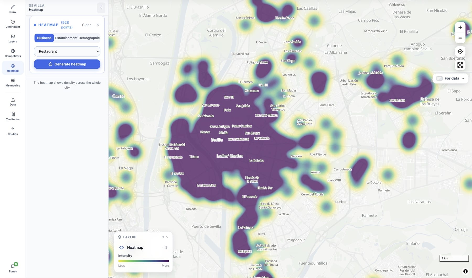 POINOVA heatmap showing where restaurants cluster in a city