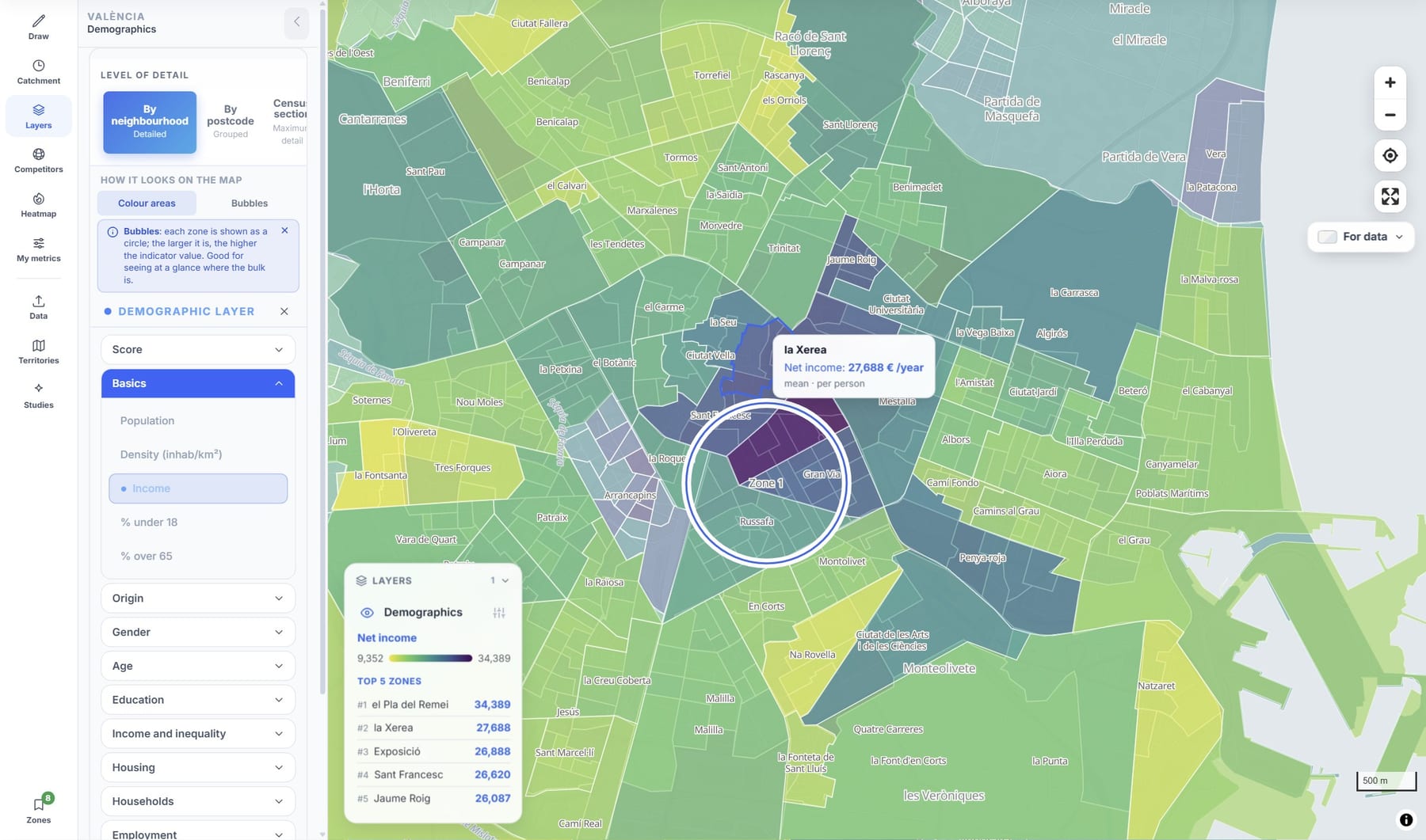 POINOVA map with net income by neighbourhood, its legend and the five highest-income neighbourhoods