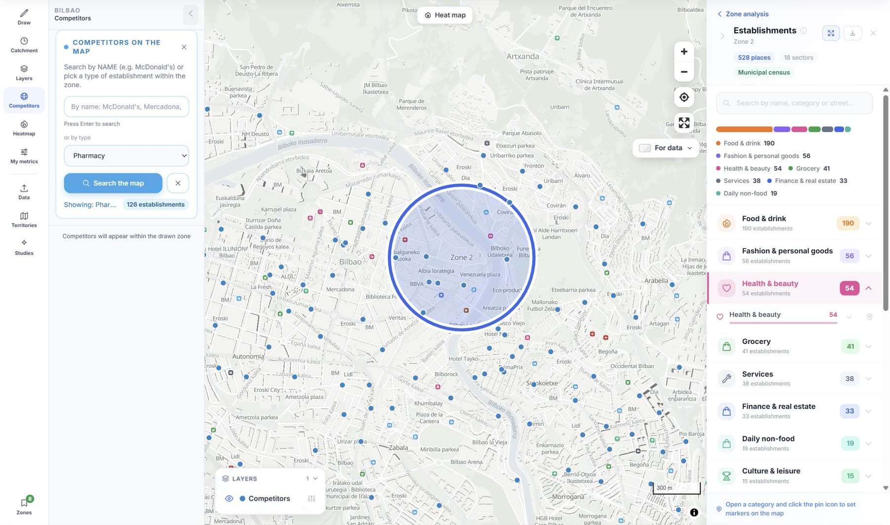 POINOVA with a drawn area, its businesses by category and pharmacies marked on the map